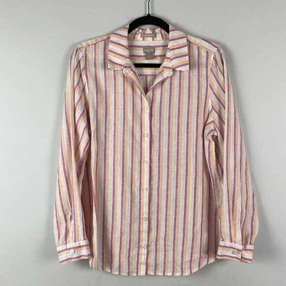 Chicos No-Iron Linen Metallic Striped Roll-Tab Shirt Size 1 US Medium - Picture 1 of 11